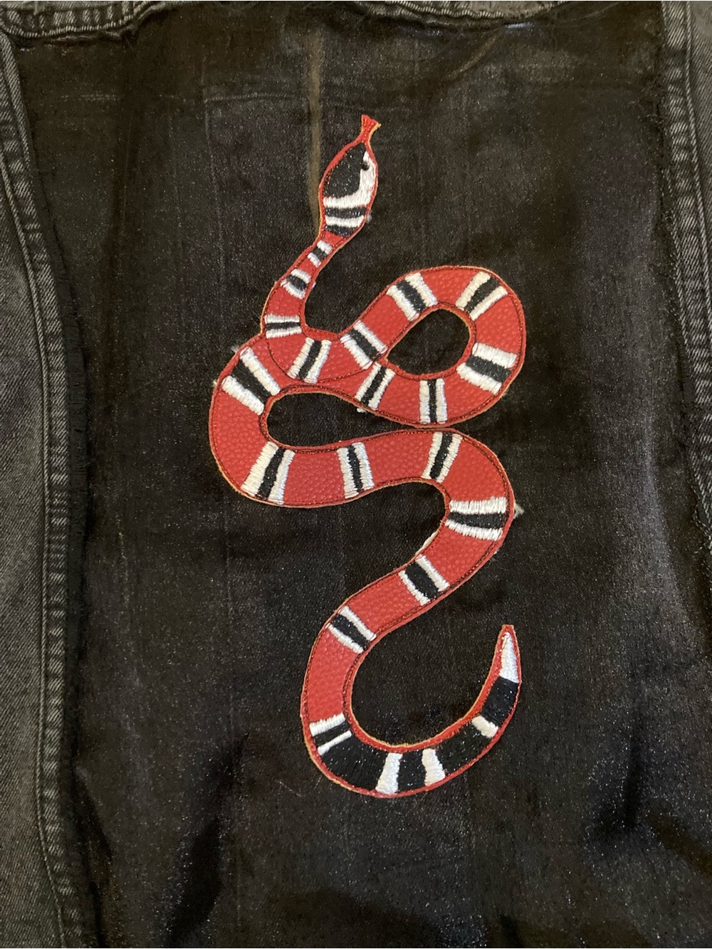 “Wisdom” Black Distressed Denim Jacket with Red Snake Appliqué - Picture 4 of 9